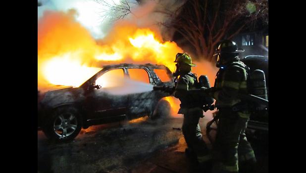 Denison Volunteer Fire Department was called out to a fully involved vehicle fire on North 26th Street in Denison at 1:18 a.m. on March 20. The vehicle was partially pushed out of its parking stall thanks to the Denison Police Department but with strong winds vehicles on both sides of the fire had extreme damage to them. DVFD attacked the fire with water and when the gas tank started leaking firefighting foam was used to control the on-fire gas and put out the fire. Jim Clark photo.