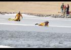 Creston firefighters saved the life of a three-year-old lab after it ran onto Summit Lake and fell into the freezing water. Photo by Cindy Young of the Creston News-Advertiser.