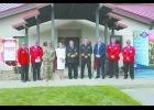 	IFA board members attended the Fire Service Training Bureau ribbon cutting and grand opening on Wednesday, August 12, at the new facility on Camp Dodge. Pictured from left to right: IFA Past President Marv Trimble, IFA President Gene Evans, Deputy Adjutant General Stephen Osborn, Johnston Mayor Paula Dierenfeld, FSTB Bureau Chief John Kraemer, State Fire Marshal Dan Wood, IFA 3rd vice-president Chuck Raska and IFA 5th vice-president Aaron Clemons. 