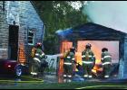 Humboldt firefighters battle a garage fire in the 500 block of 2nd Street North on Thursday evening, Sept. 1. Fire Chief Jim Gronbach said it was fortunate the call was made to the station when it was (7:41 p.m.) “Another five minutes and we would have been battling a full blown house fire,” Gronbach said. As it was, there was only minor smoke damage to the interior of the home at 508 2nd St. N. and slight exterior damage to the house north of the garage at 510 2nd St. N. See this and other photos at www.hu